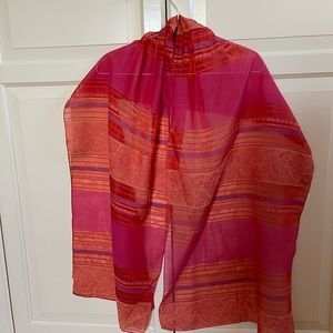 Vibrant long scarf, fuchsia, orange and violet. Stripes and detailed pattern.